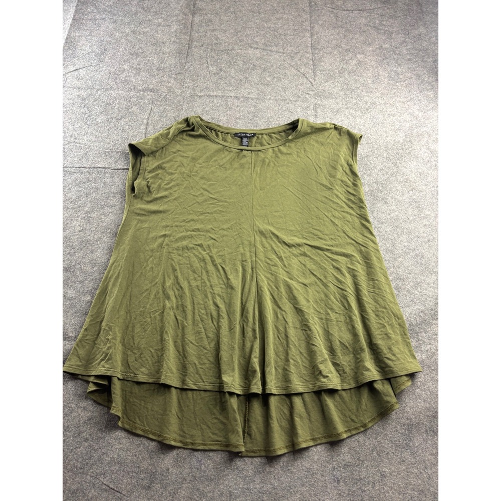 Eileen Fisher Womens Olive Green Viscose Jersey High Low Cap Sleeve Top XS